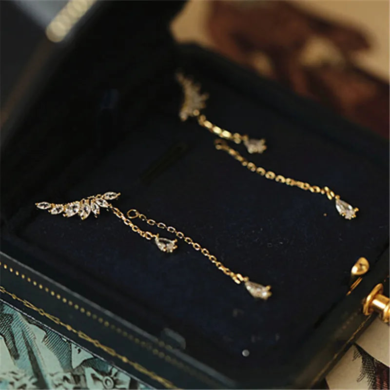 925 Silver Angel Wings Tassel Earrings 14k Plating Crystal Long Earrings