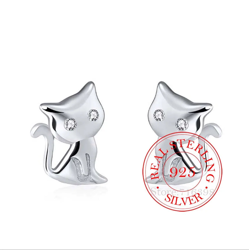 925 Silver Cat Stud Earrings for Women Wedding Jewelry