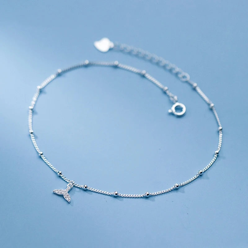 925 Silver Anklet Zircon Fish Tail Bracelet Female Chain Pearl Marine Ornaments