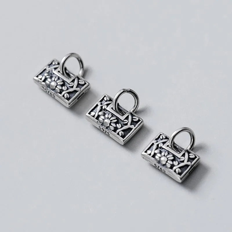 925 Silver Antique Pattern Lock Dangle Charms Bracelet