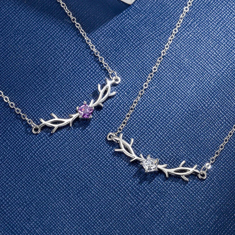 925 Silver Antlers Crystals Necklace Women Fine Jewelry