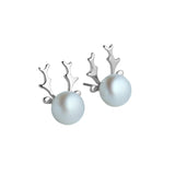 925 Silver Antlers Freshwater Pearl Stud Earrings Women Birthday Gift