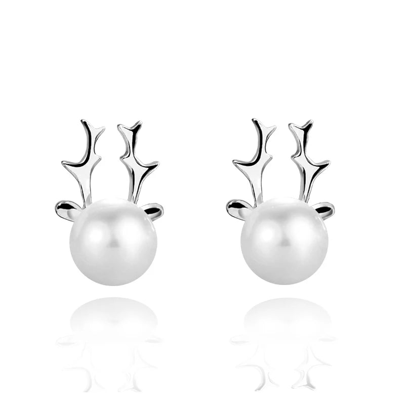 925 Silver Antlers Freshwater Pearl Stud Earrings Women Birthday Gift