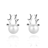 925 Silver Antlers Freshwater Pearl Stud Earrings Women Birthday Gift