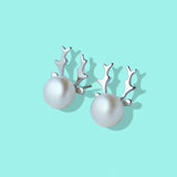925 Silver Antlers Freshwater Pearl Stud Earrings Women Birthday Gift