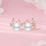 925 Silver Antlers Pearls Roses Stud Earrings