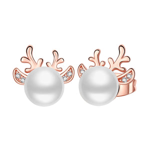 925 Silver Antlers Pearls Roses Stud Earrings