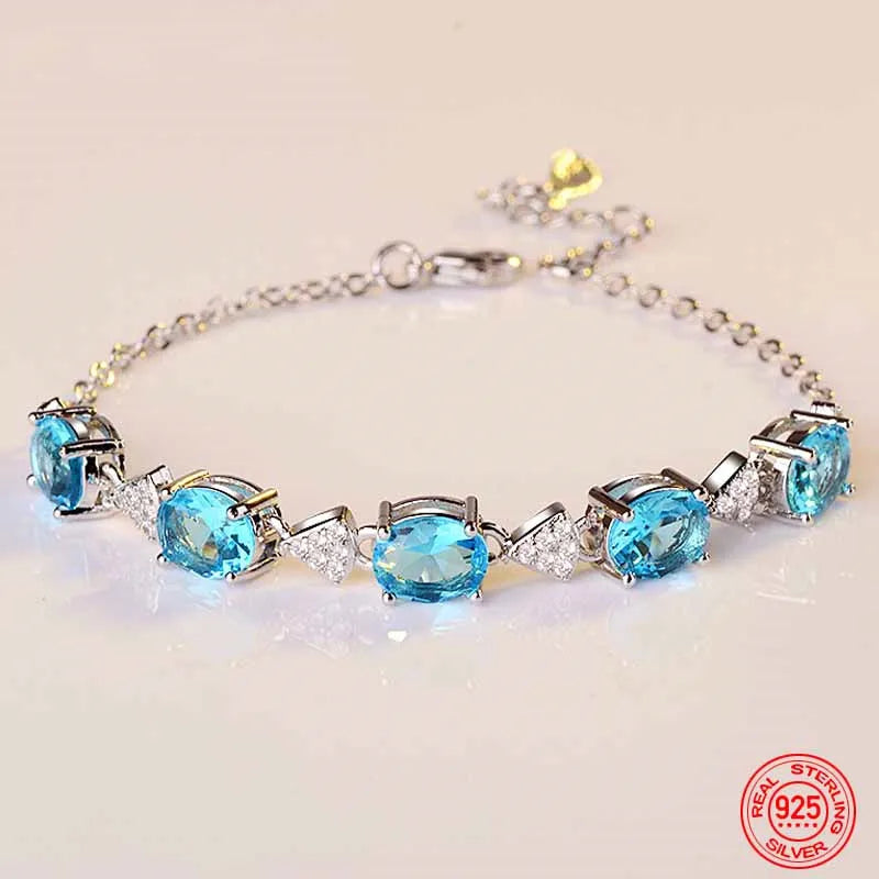 925 Silver Aquamarine Charm Bracelet Chain Women's Party Jewelry