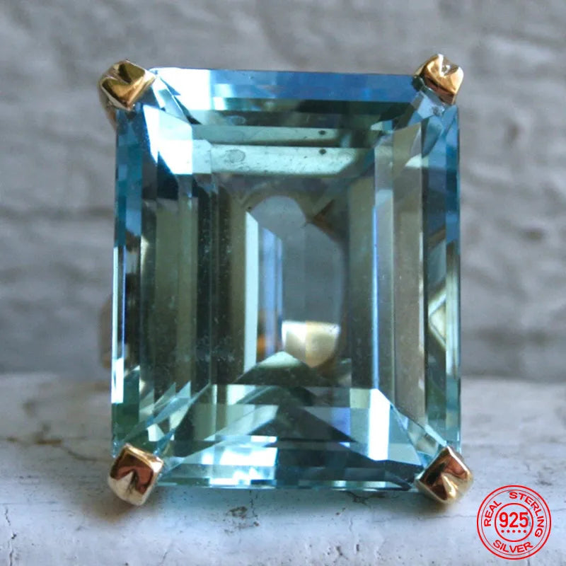 925 Silver Aquamarine Gemstone Ring Women Party Jewelry