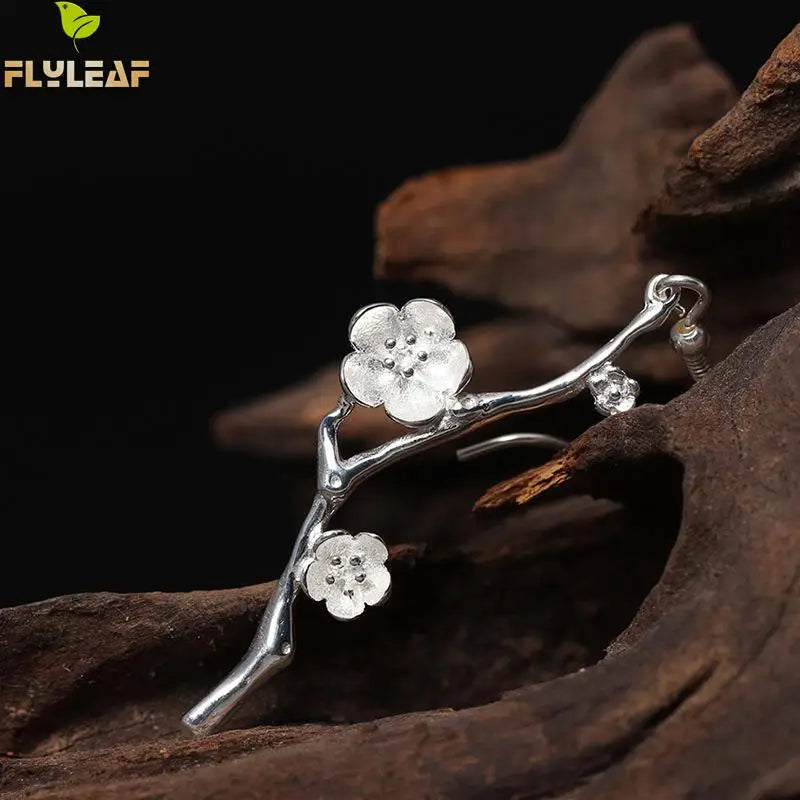 925 Silver Asymmetri Plum Flower Drop Earrings Vintage Lady Prevent Allergy