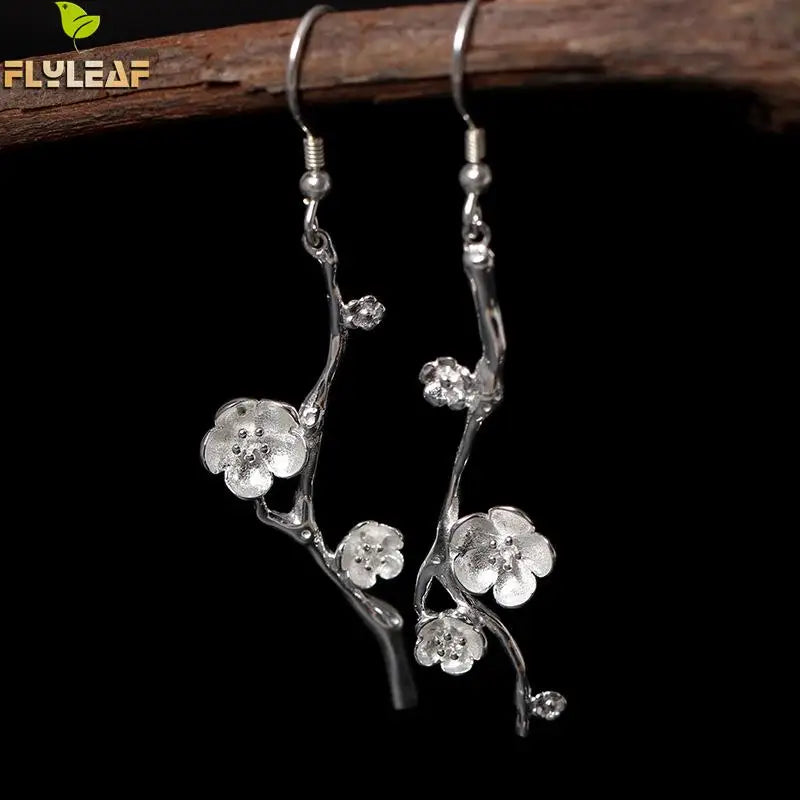 925 Silver Asymmetri Plum Flower Drop Earrings Vintage Lady Prevent Allergy