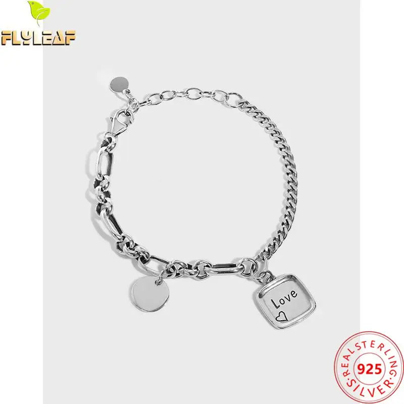 925 Silver Asymmetrical Chain Heart Bracelet Women Vintage Jewelry