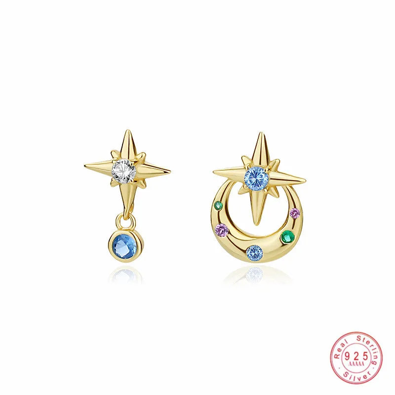 925 Silver Asymmetric Zircon Star Stud Earrings for Women