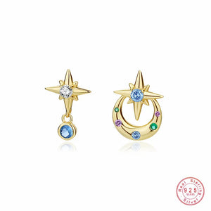 925 Silver Asymmetric Zircon Star Stud Earrings for Women