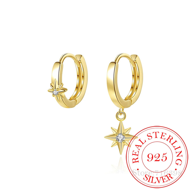 925 Silver Asymmetric Hexagram Earrings 14K Plated Clip Ear Jewelry Gift