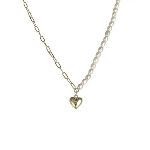 925 Silver Asymmetrical Heart Pendant Necklace with Pearl, 18k Fine Jewelry
