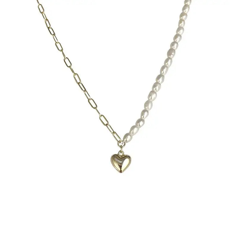 925 Silver Asymmetrical Heart Pendant Necklace with Pearl, 18k Fine Jewelry
