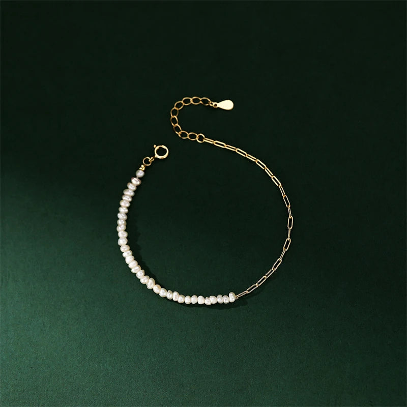 925 Silver Natural Pearl Bracelet Asymmetric Splicing Charm Jewelry