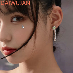925 Silver Green Diamond Flower Studs Asymmetric Earrings