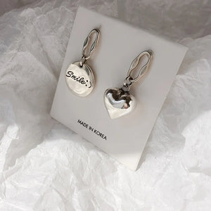 925 Silver Asymmetric Stud Earrings LOVE Heart Pendant Jewelry