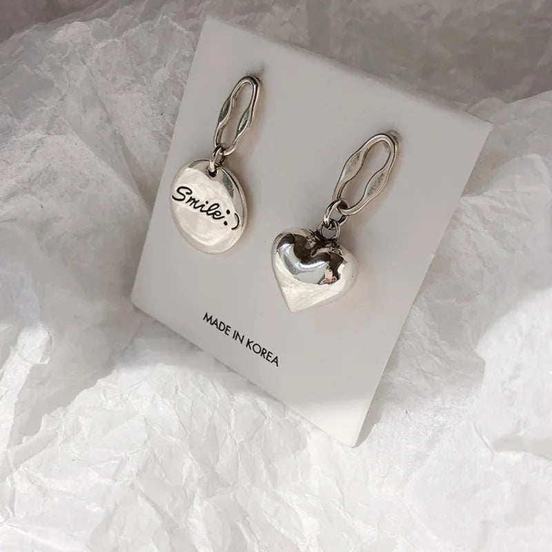 925 Silver Asymmetric Stud Earrings LOVE Heart Pendant Jewelry