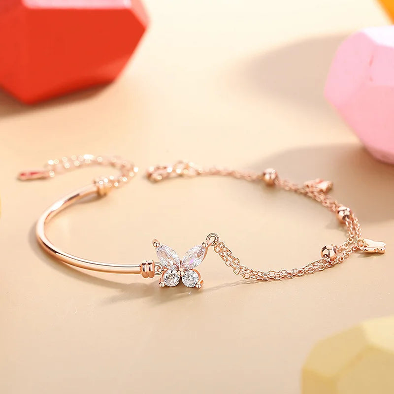 925 Silver Zircon Butterfly Charm Bracelet Rose Plating