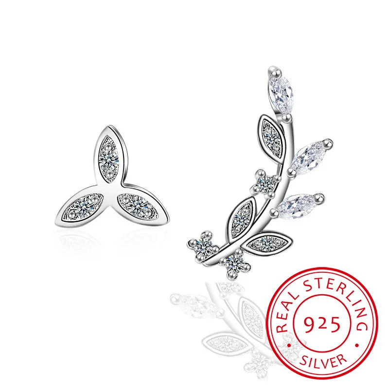 925 Silver Asymmetrical Leaf Stud Earrings Wedding Jewelry