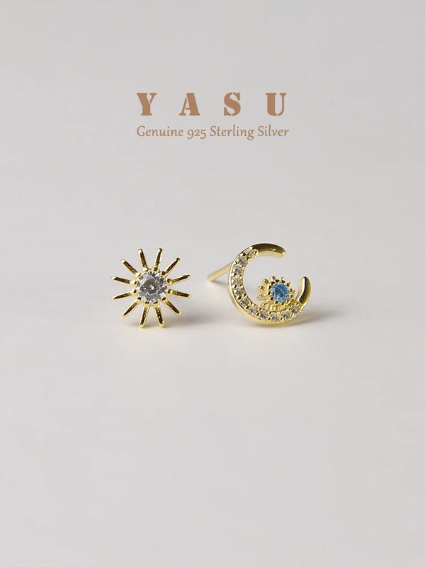 925 Silver Sun Moon Stud Earrings 14k Plated Crystal Goddess Jewelry