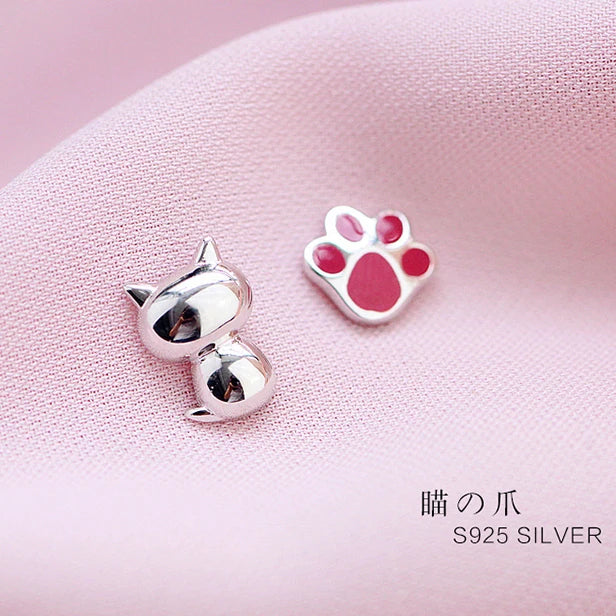 925 Sterling Silver Asymmetrical Cat Paw Earrings Women Lady Jewelry