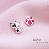 925 Sterling Silver Asymmetrical Cat Paw Earrings Women Lady Jewelry