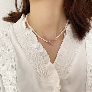 925 Sterling Silver Asymmetry Pearl Chain Necklace for Women