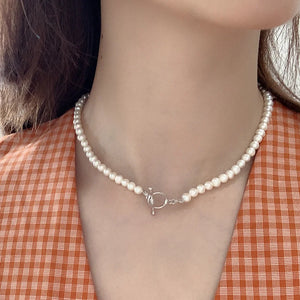 925 Sterling Silver Asymmetry Pearl Chain Necklace for Women