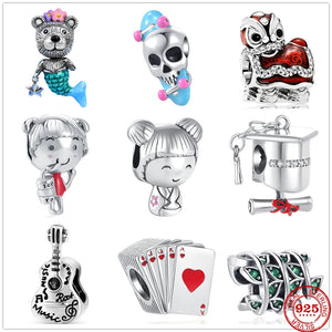 925 Silver Bachelor Cap Guitar Girl Pendant DIY Beads for Bracelet Jewelry