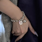 925 Silver Ball Pendant Tag Bracelet for Women Vintage Thick Chain