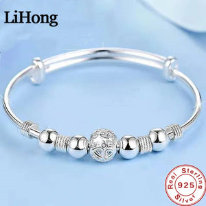 925 Silver Bangle Lucky Beads Bracelet Cuffs Woman's Engagement Jewelry
