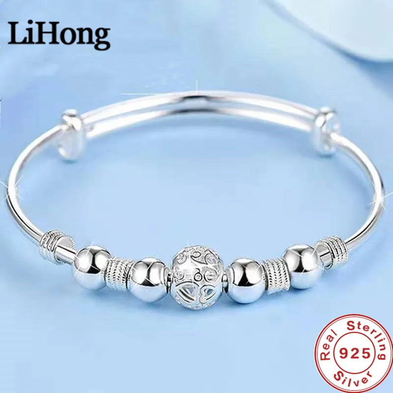 925 Silver Bangle Lucky Beads Bracelet Cuffs Woman's Engagement Jewelry