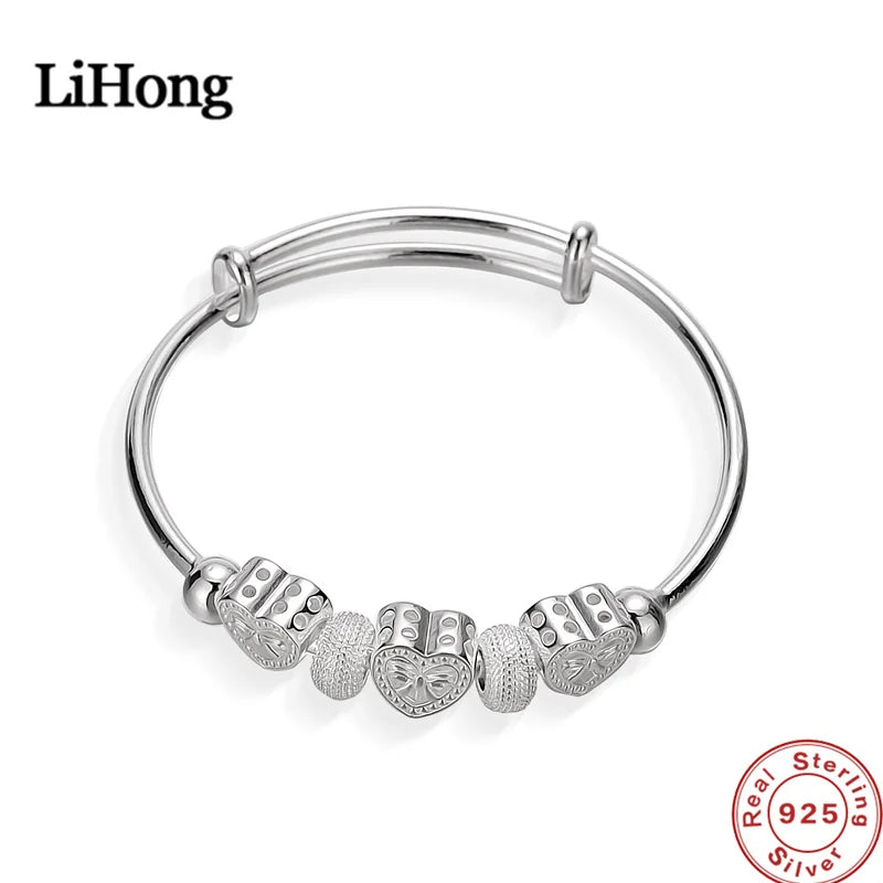 925 Silver Bangle Lucky Beads Heart-shaped Bracelet for Women