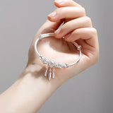 925 Silver Bangle Tassel Feather Round Bead Charm Bracelet Cuff Bohemia