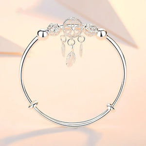 925 Silver Bangle Tassel Feather Round Bead Charm Bracelet Cuff Bohemia