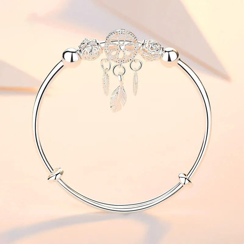 925 Silver Bangle Tassel Feather Round Bead Charm Bracelet Cuff Bohemia