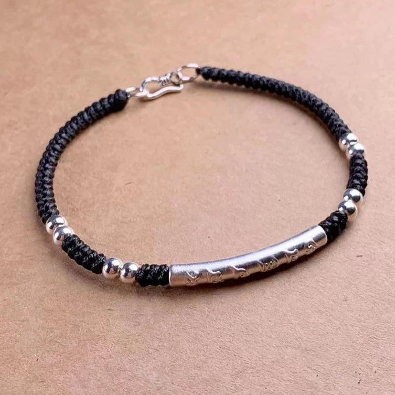 925 Silver Red Thread Bracelet Women Girls Fine Jewelry Statement Bangle