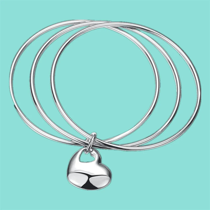 925 Sterling Silver Bangles Women Three Lines Smooth High Solid Heart Bangles