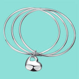 925 Sterling Silver Bangles Women Three Lines Smooth High Solid Heart Bangles