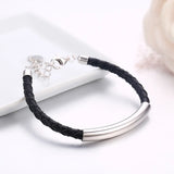 925 Silver Bar Leather Rope Bracelets For Women Girls