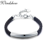 925 Silver Bar Leather Rope Bracelets For Women Girls