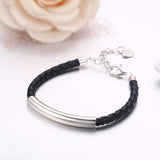 925 Silver Bar Leather Rope Bracelets For Women Girls