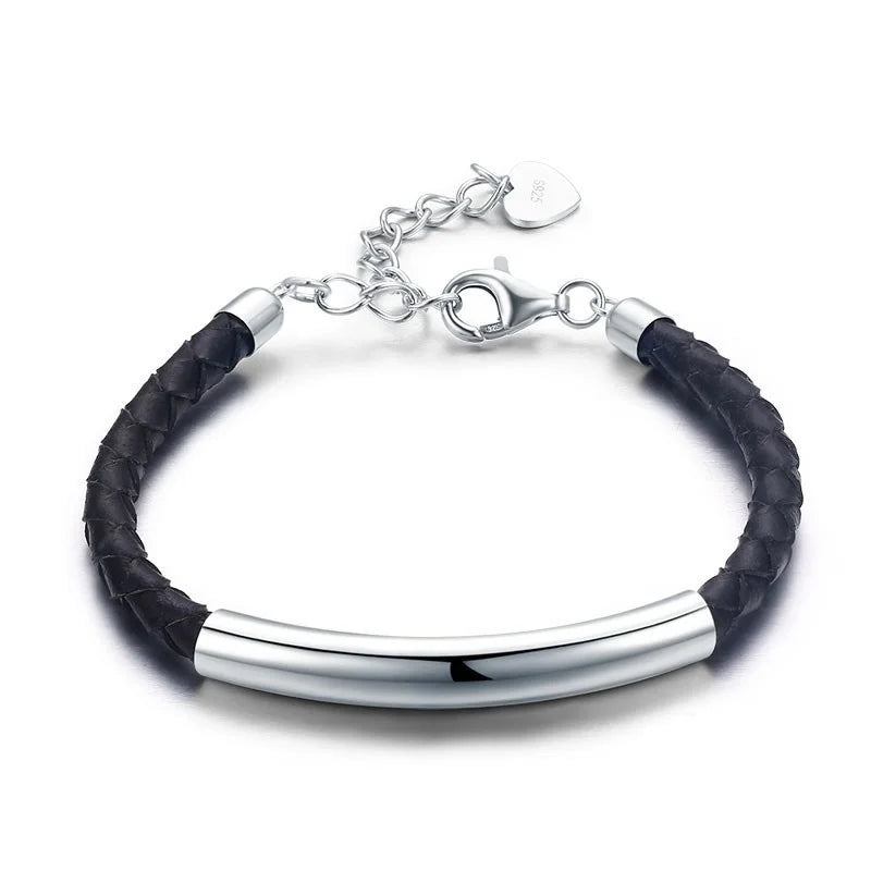 925 Silver Bar Leather Rope Bracelets For Women Girls