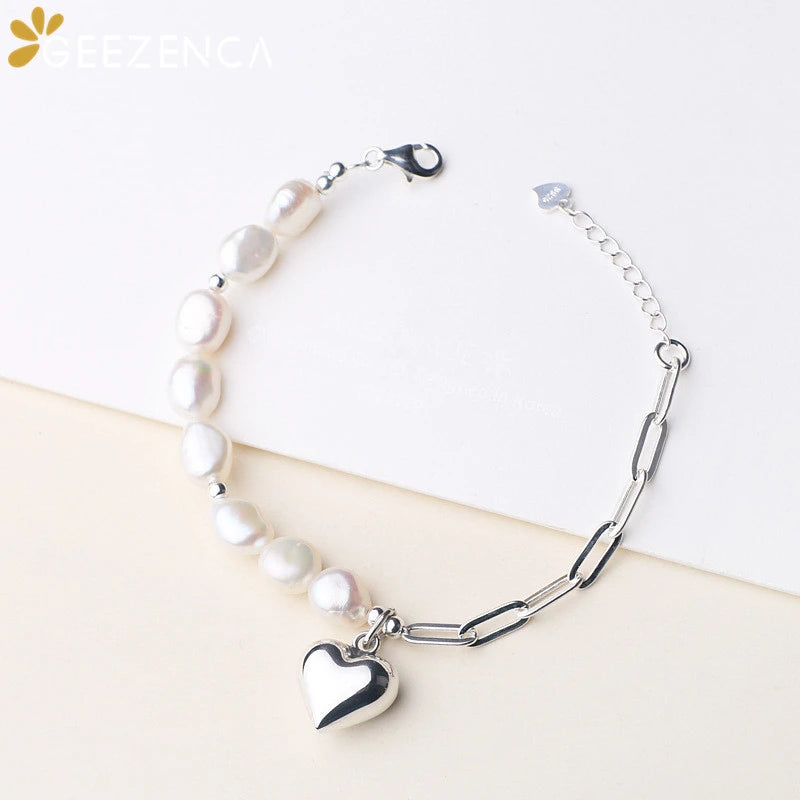 925 Silver Baroque Pearls Bracelet with Heart Charms - Fine Jewelry for Women