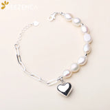 925 Silver Baroque Pearls Bracelet with Heart Charms - Fine Jewelry for Women