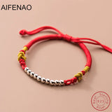 925 Silver Bead Braided Red Rope Bracelet Women Gift Friendship Retro Adjustable